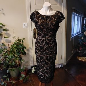 ABS Allen Schwartz Black Stretch Lace Midi Dress Size L